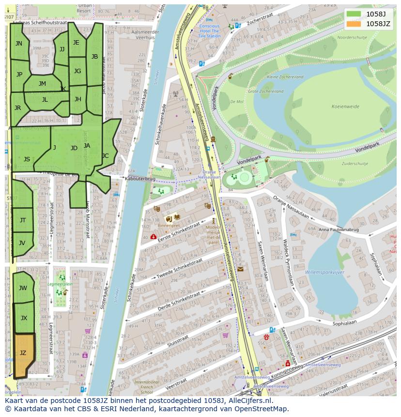 Afbeelding van het postcodegebied 1058 JZ op de kaart.