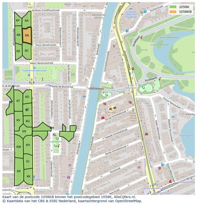 Afbeelding van het postcodegebied 1058 KB op de kaart.
