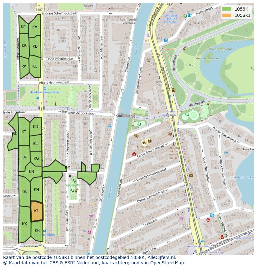 Afbeelding van het postcodegebied 1058 KJ op de kaart.