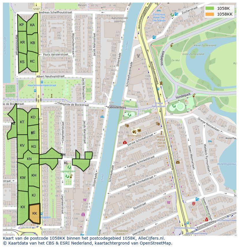 Afbeelding van het postcodegebied 1058 KK op de kaart.
