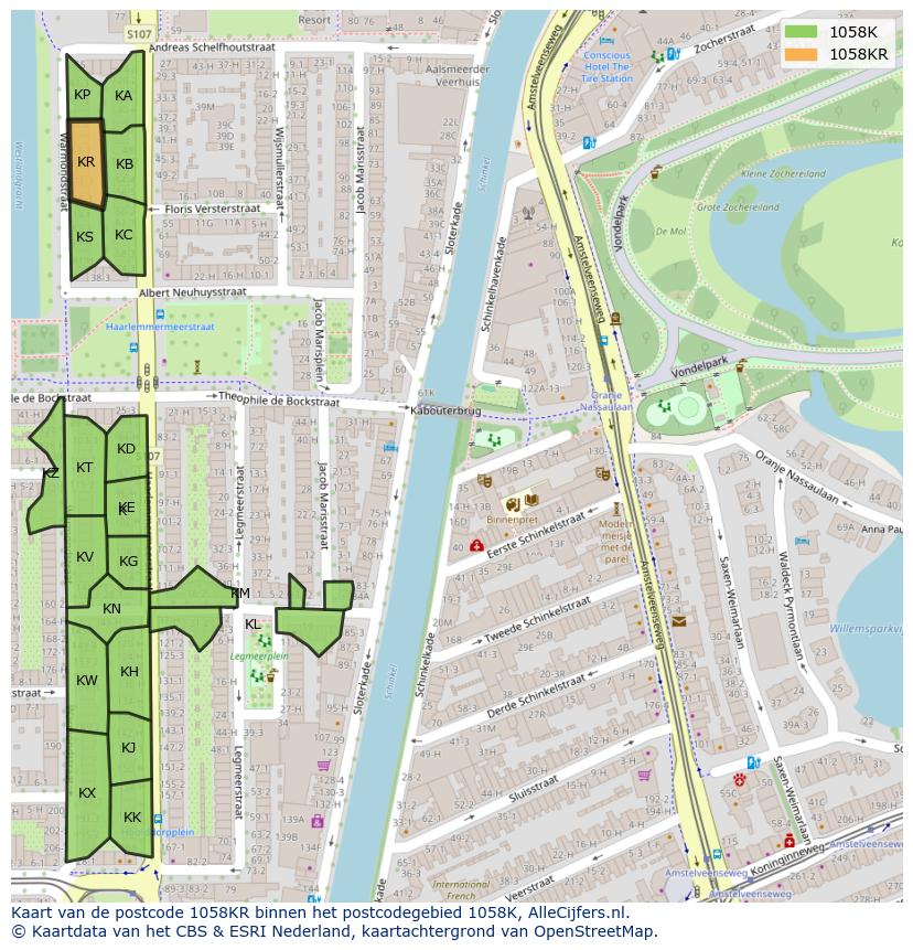 Afbeelding van het postcodegebied 1058 KR op de kaart.