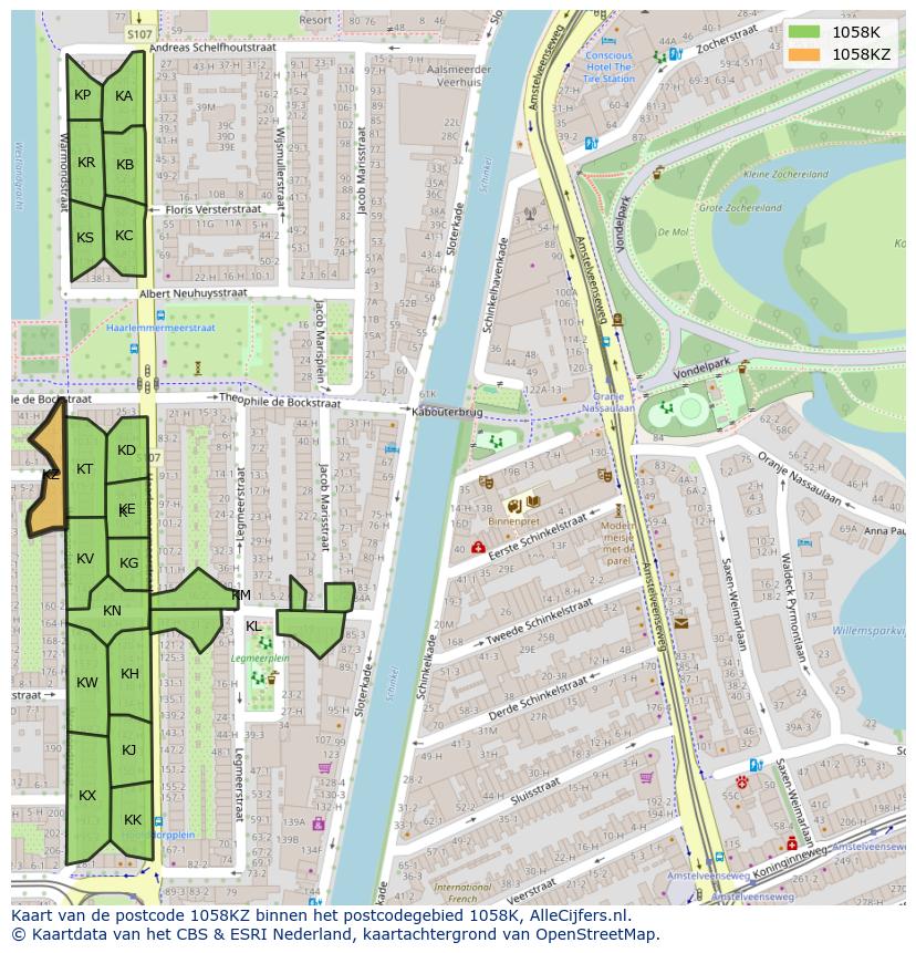 Afbeelding van het postcodegebied 1058 KZ op de kaart.