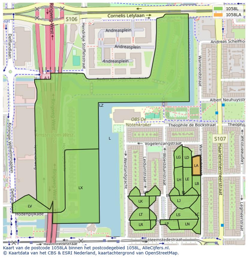 Afbeelding van het postcodegebied 1058 LA op de kaart.