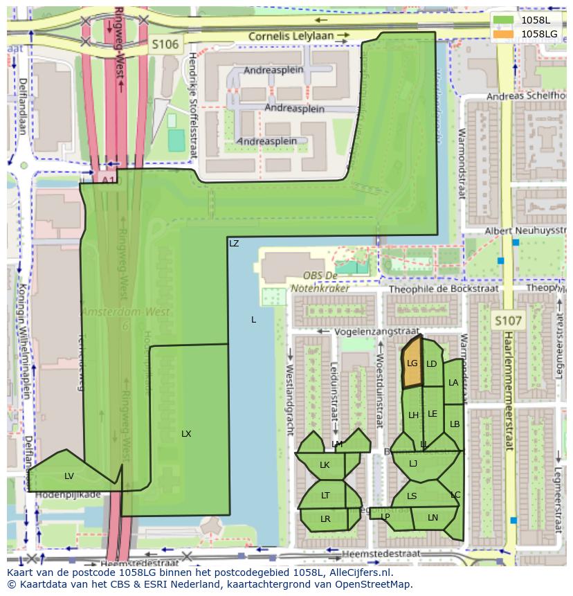 Afbeelding van het postcodegebied 1058 LG op de kaart.
