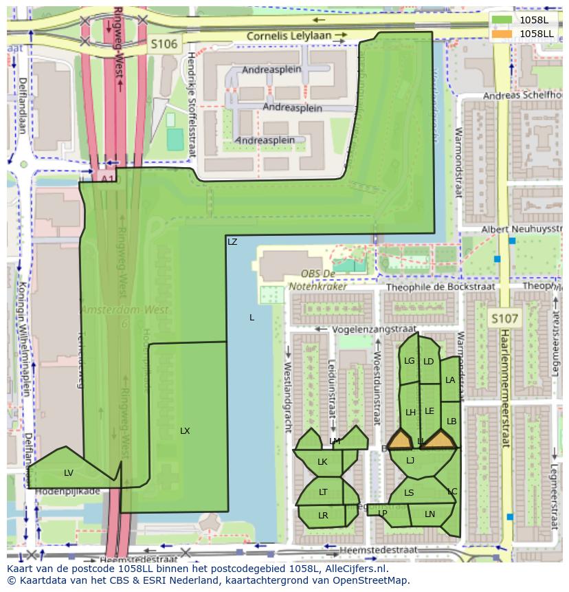 Afbeelding van het postcodegebied 1058 LL op de kaart.