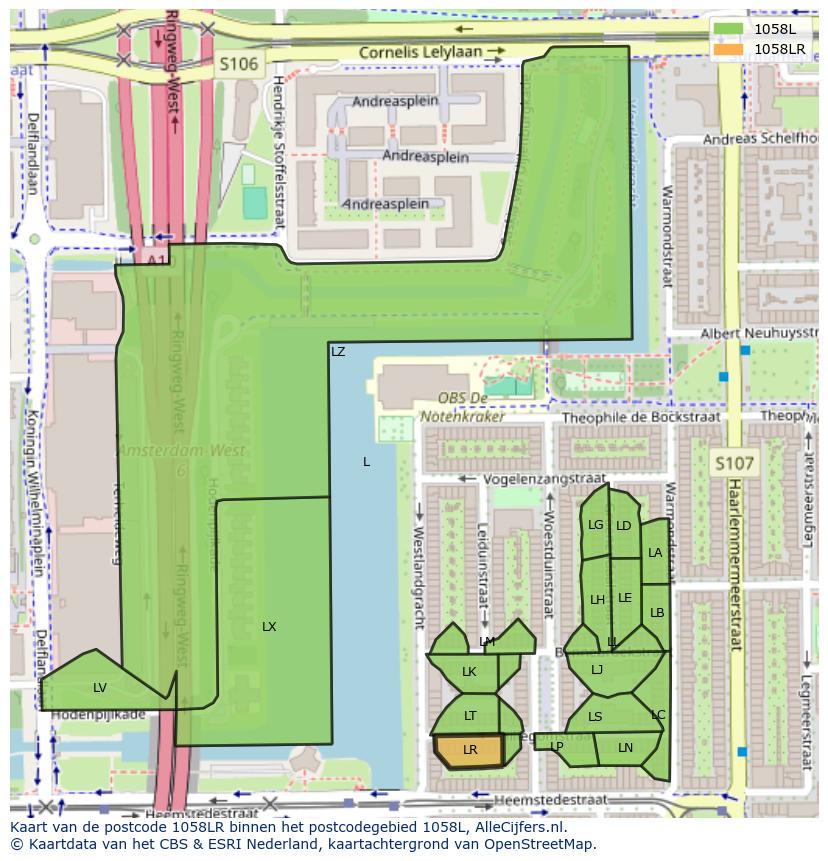 Afbeelding van het postcodegebied 1058 LR op de kaart.