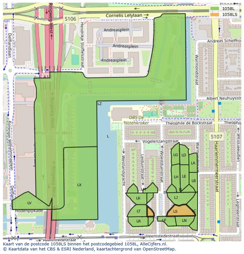 Afbeelding van het postcodegebied 1058 LS op de kaart.