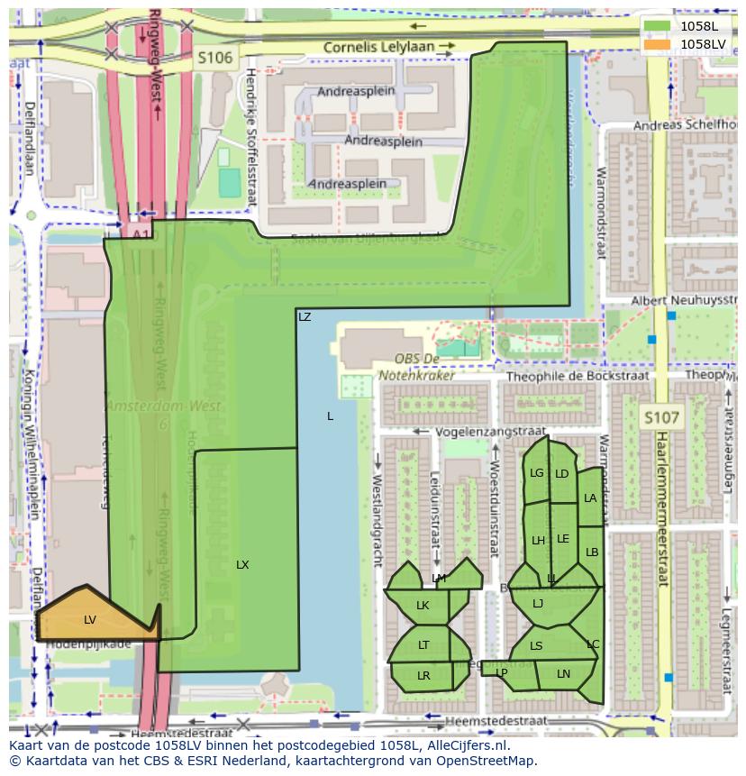 Afbeelding van het postcodegebied 1058 LV op de kaart.