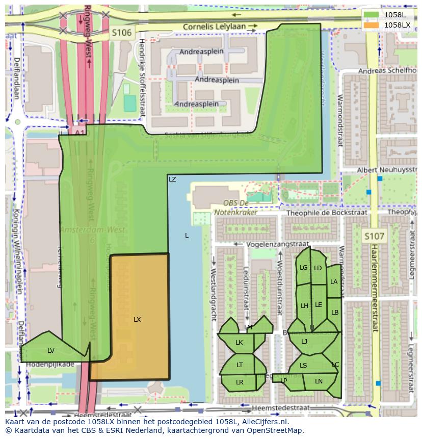 Afbeelding van het postcodegebied 1058 LX op de kaart.