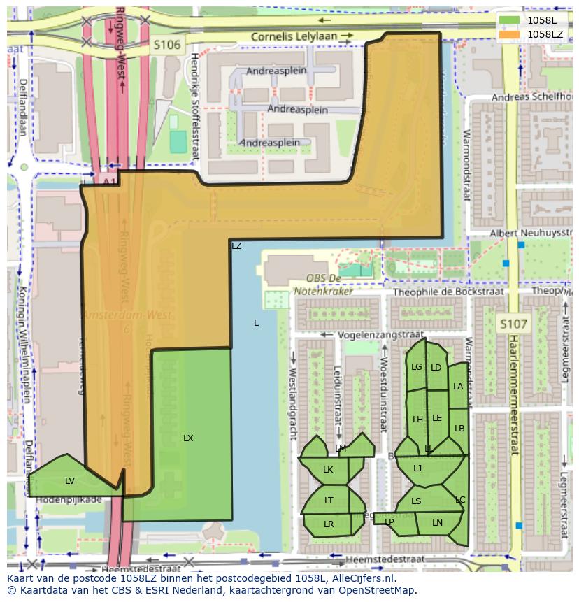 Afbeelding van het postcodegebied 1058 LZ op de kaart.