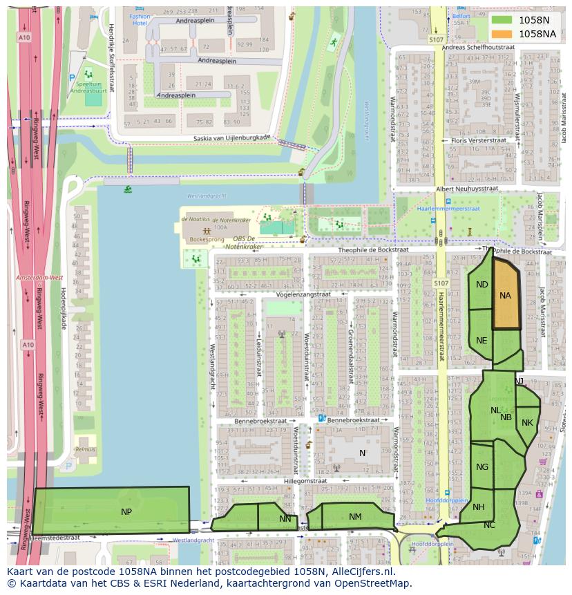 Afbeelding van het postcodegebied 1058 NA op de kaart.