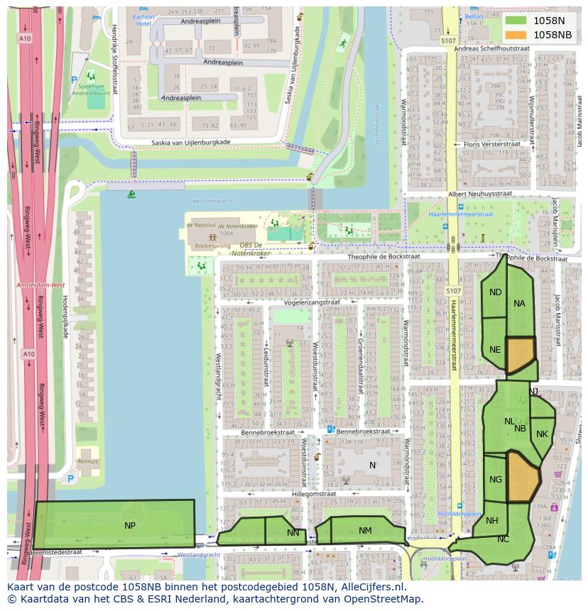 Afbeelding van het postcodegebied 1058 NB op de kaart.