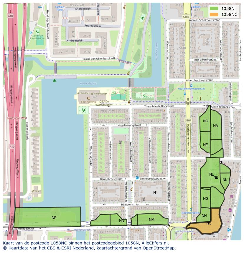Afbeelding van het postcodegebied 1058 NC op de kaart.