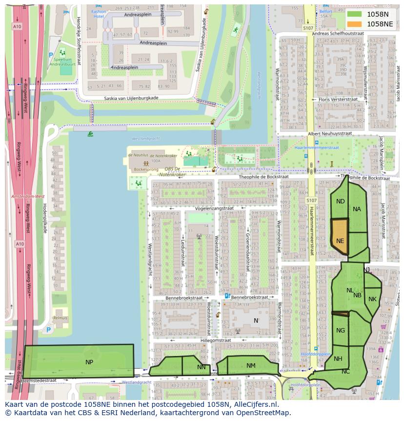 Afbeelding van het postcodegebied 1058 NE op de kaart.