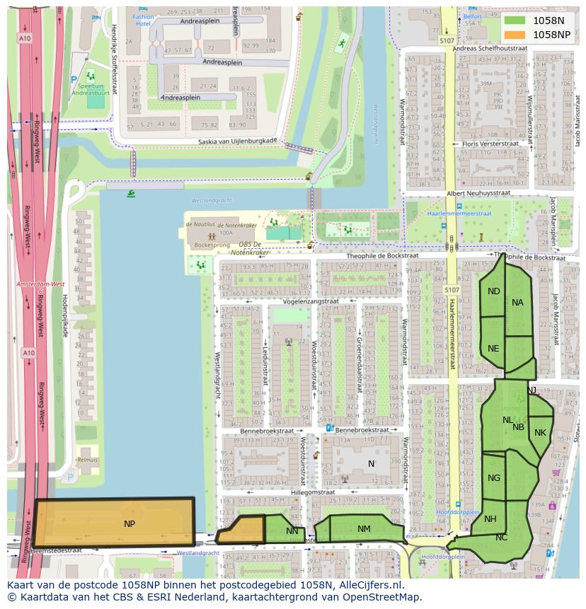 Afbeelding van het postcodegebied 1058 NP op de kaart.