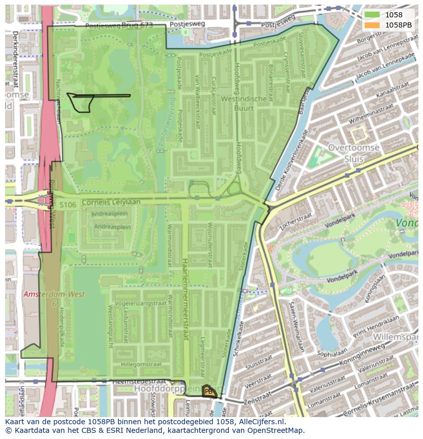 Afbeelding van het postcodegebied 1058 PB op de kaart.
