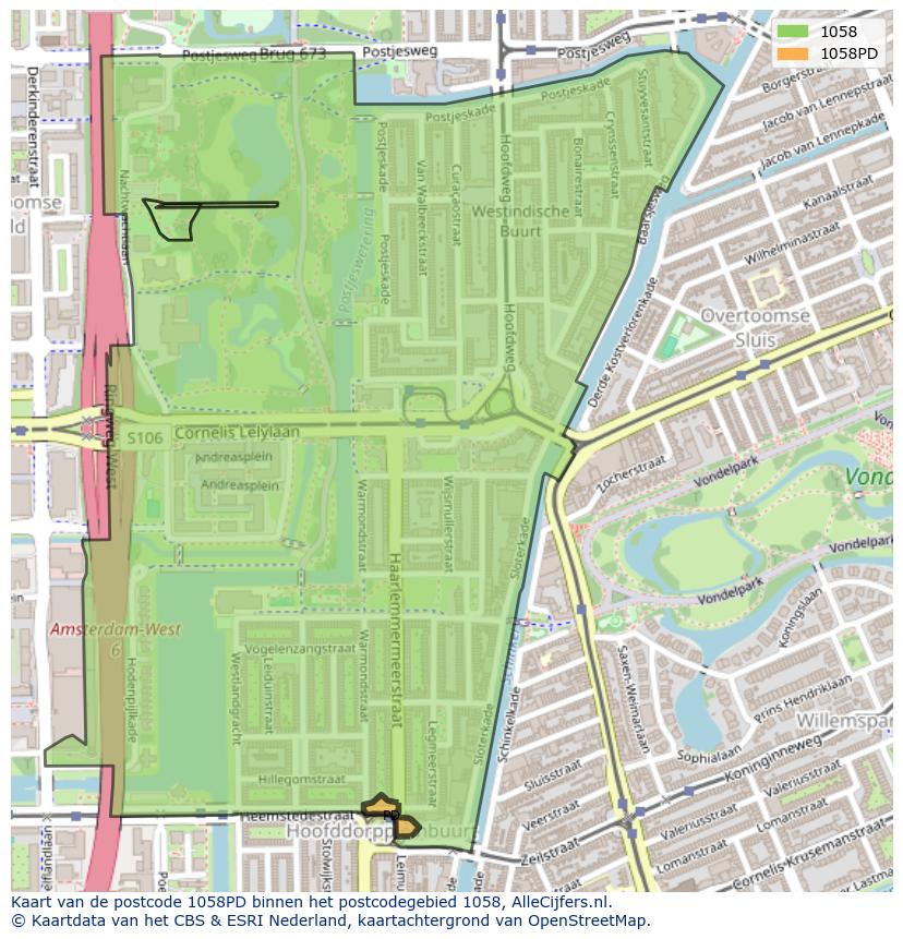 Afbeelding van het postcodegebied 1058 PD op de kaart.