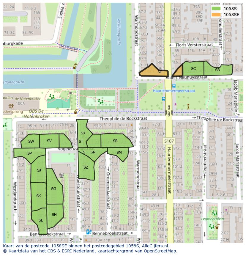 Afbeelding van het postcodegebied 1058 SE op de kaart.