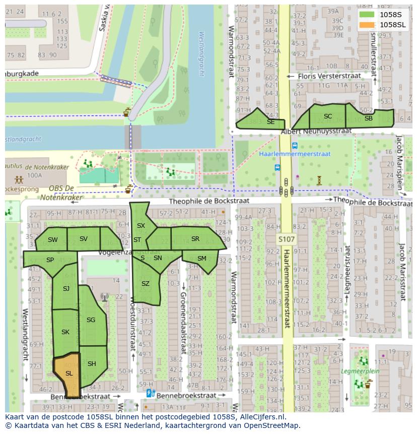 Afbeelding van het postcodegebied 1058 SL op de kaart.