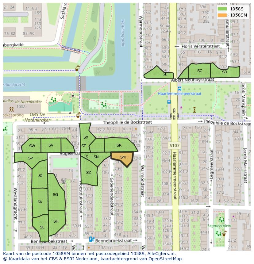 Afbeelding van het postcodegebied 1058 SM op de kaart.