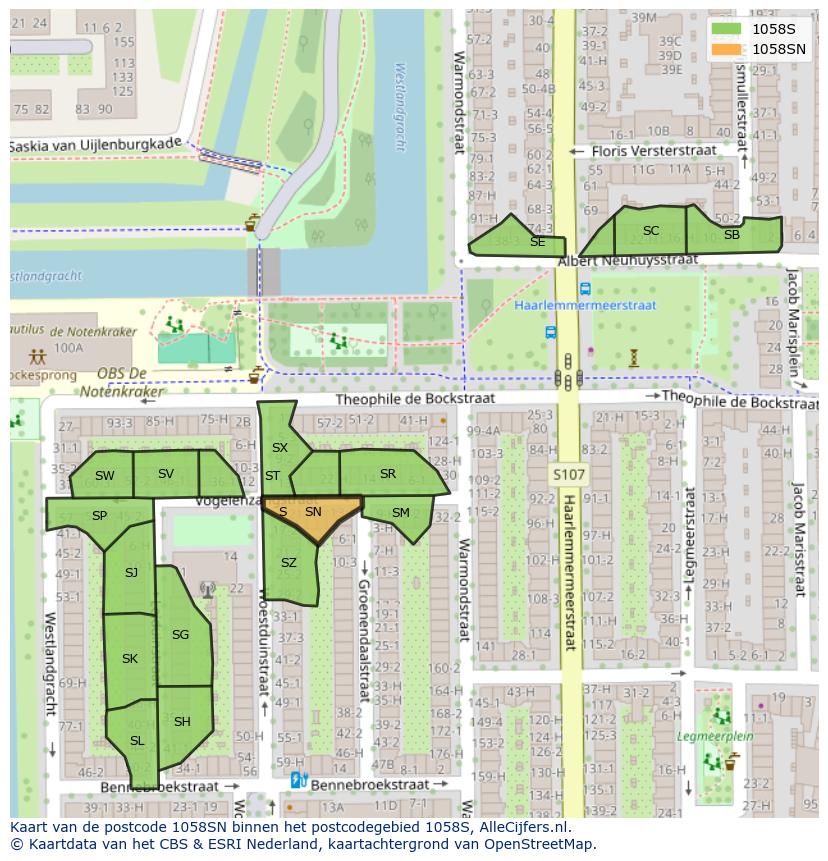 Afbeelding van het postcodegebied 1058 SN op de kaart.