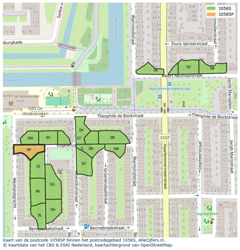Afbeelding van het postcodegebied 1058 SP op de kaart.