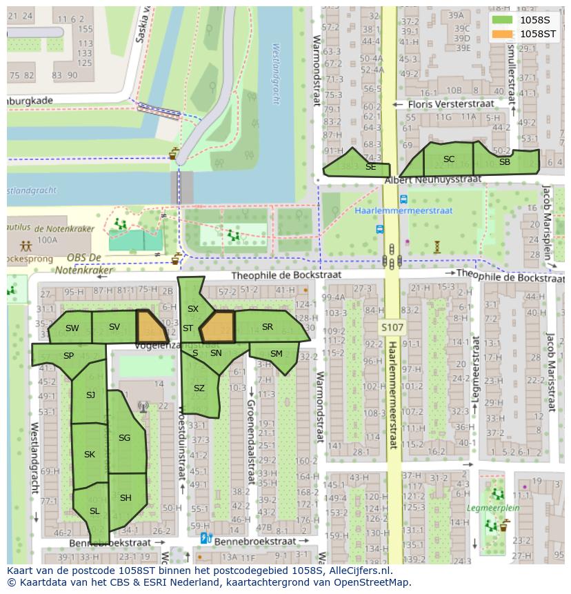 Afbeelding van het postcodegebied 1058 ST op de kaart.