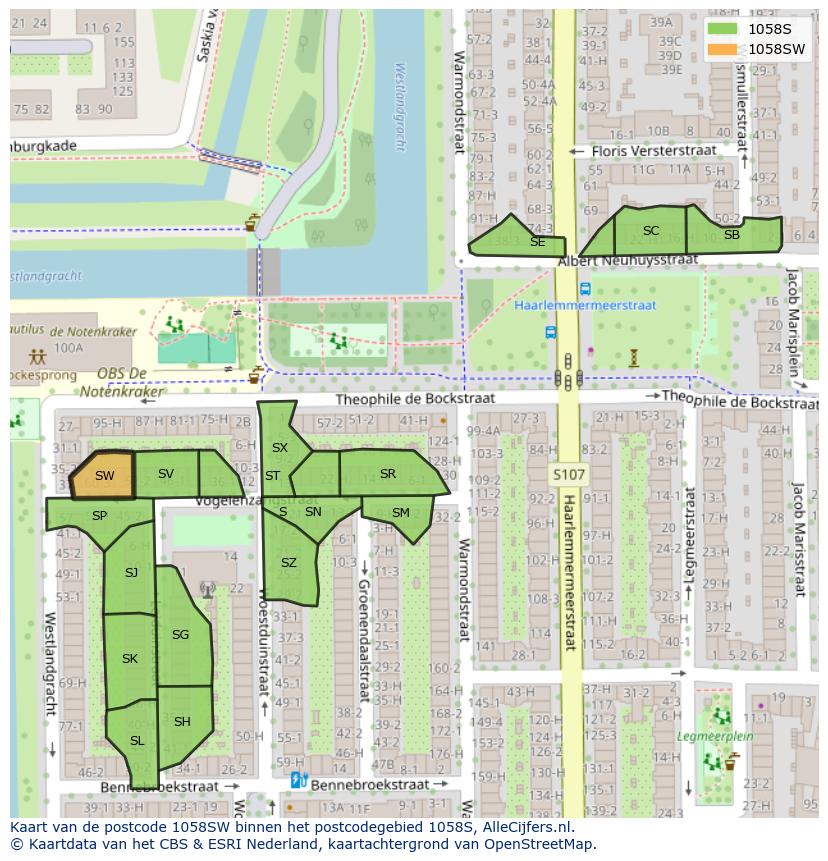 Afbeelding van het postcodegebied 1058 SW op de kaart.