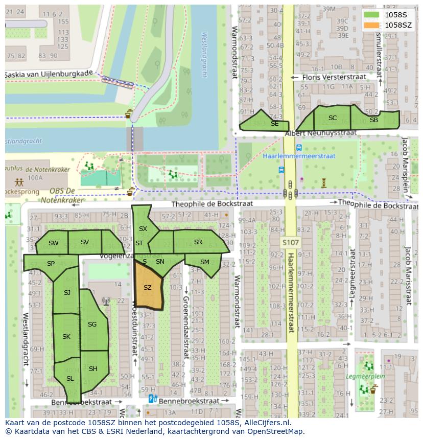 Afbeelding van het postcodegebied 1058 SZ op de kaart.