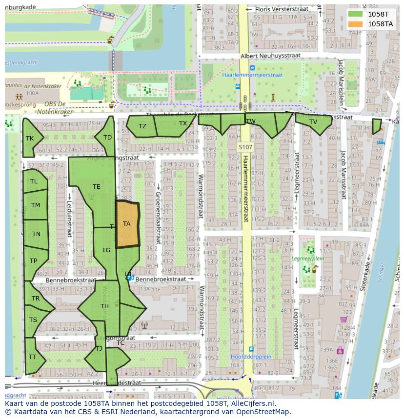 Afbeelding van het postcodegebied 1058 TA op de kaart.