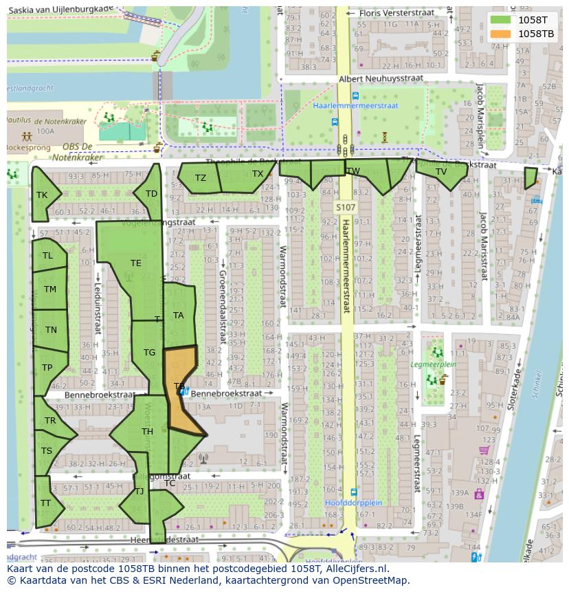 Afbeelding van het postcodegebied 1058 TB op de kaart.