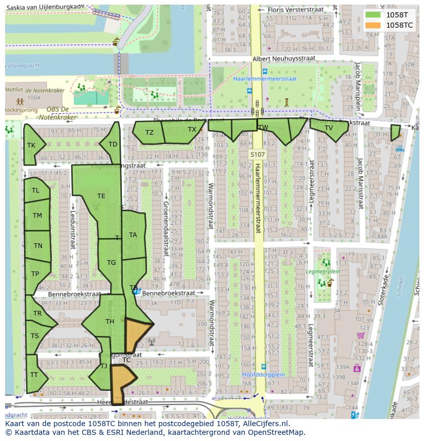 Afbeelding van het postcodegebied 1058 TC op de kaart.