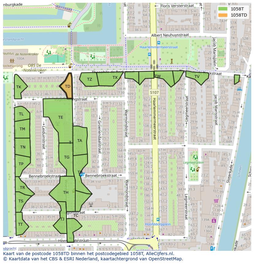 Afbeelding van het postcodegebied 1058 TD op de kaart.