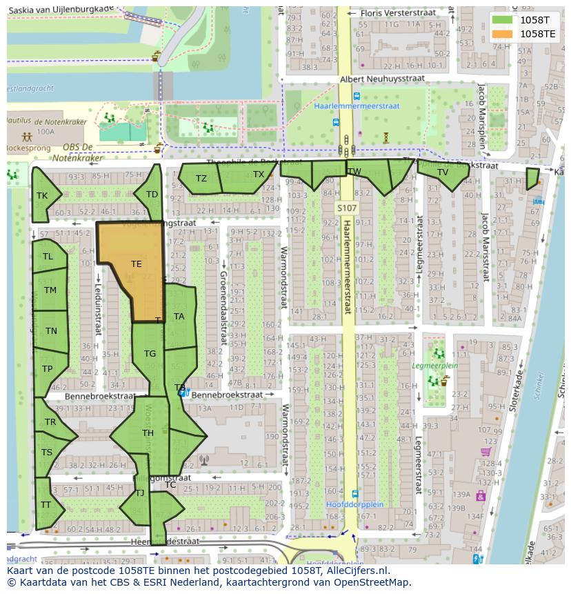 Afbeelding van het postcodegebied 1058 TE op de kaart.