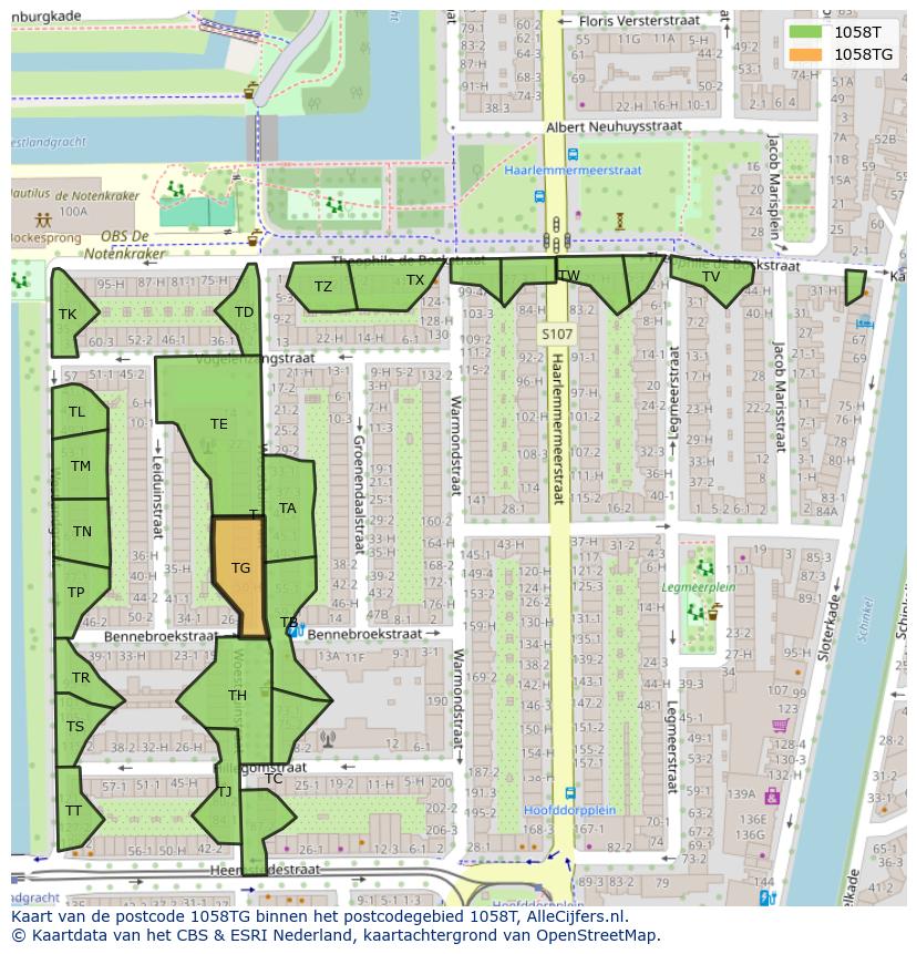 Afbeelding van het postcodegebied 1058 TG op de kaart.