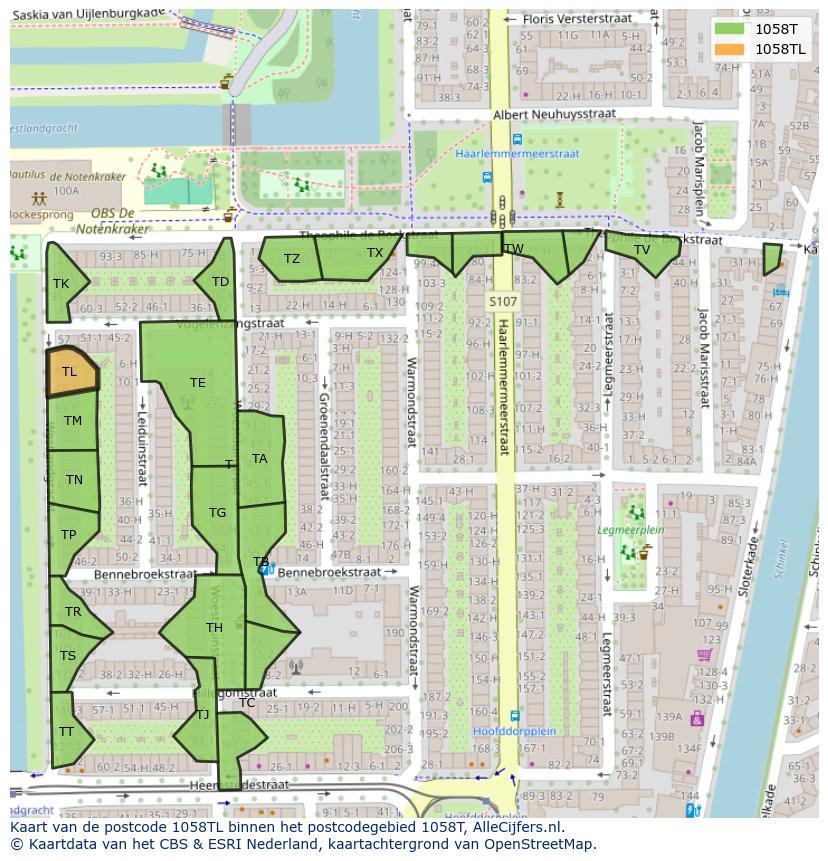 Afbeelding van het postcodegebied 1058 TL op de kaart.