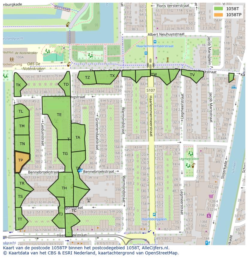 Afbeelding van het postcodegebied 1058 TP op de kaart.