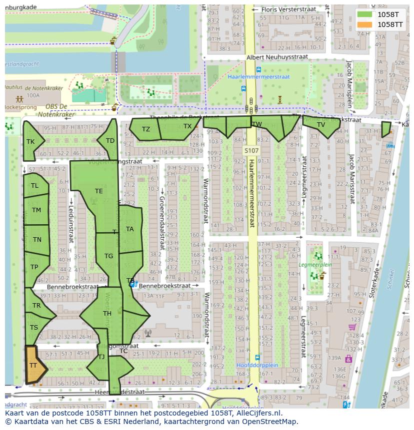 Afbeelding van het postcodegebied 1058 TT op de kaart.
