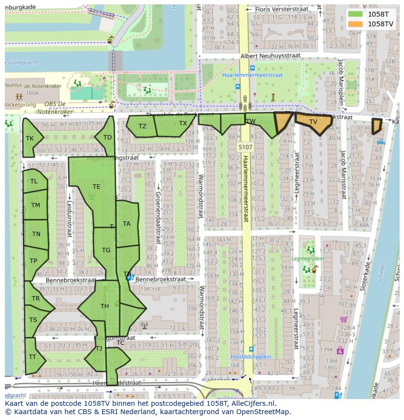 Afbeelding van het postcodegebied 1058 TV op de kaart.