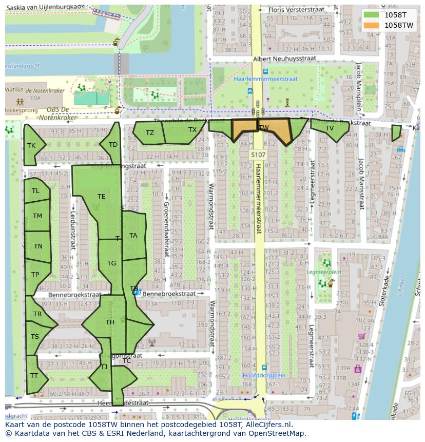Afbeelding van het postcodegebied 1058 TW op de kaart.