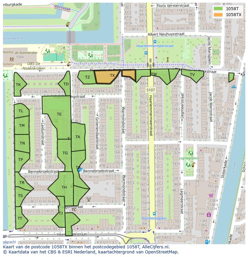 Afbeelding van het postcodegebied 1058 TX op de kaart.