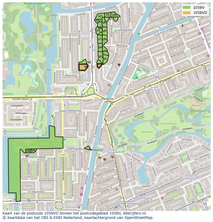 Afbeelding van het postcodegebied 1058 VD op de kaart.