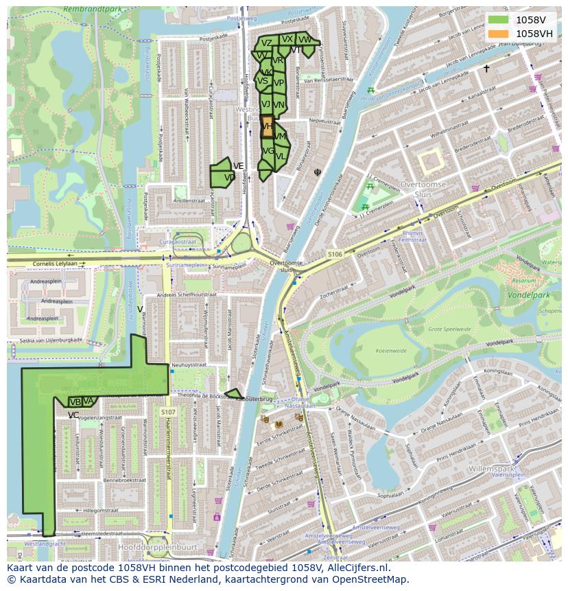 Afbeelding van het postcodegebied 1058 VH op de kaart.