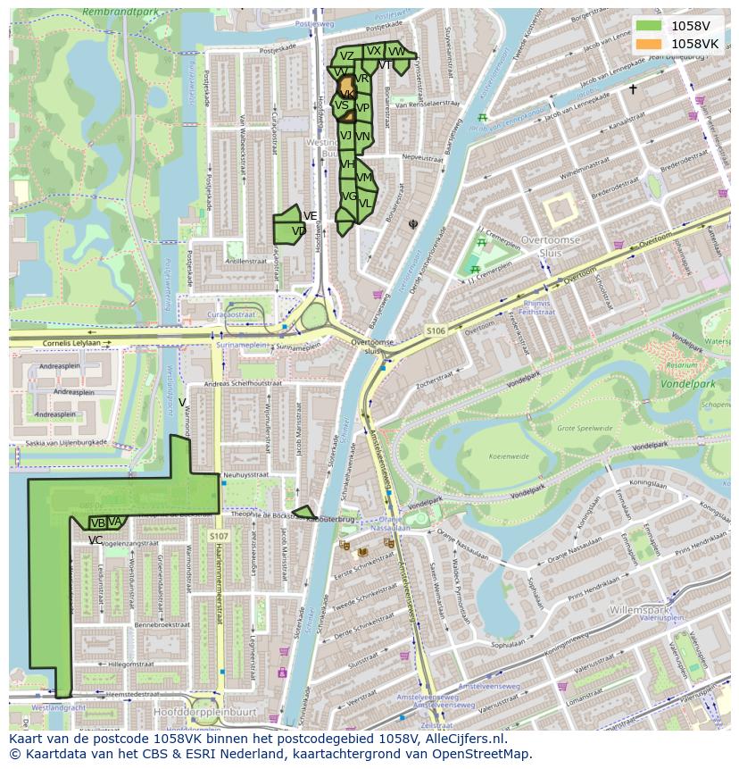 Afbeelding van het postcodegebied 1058 VK op de kaart.