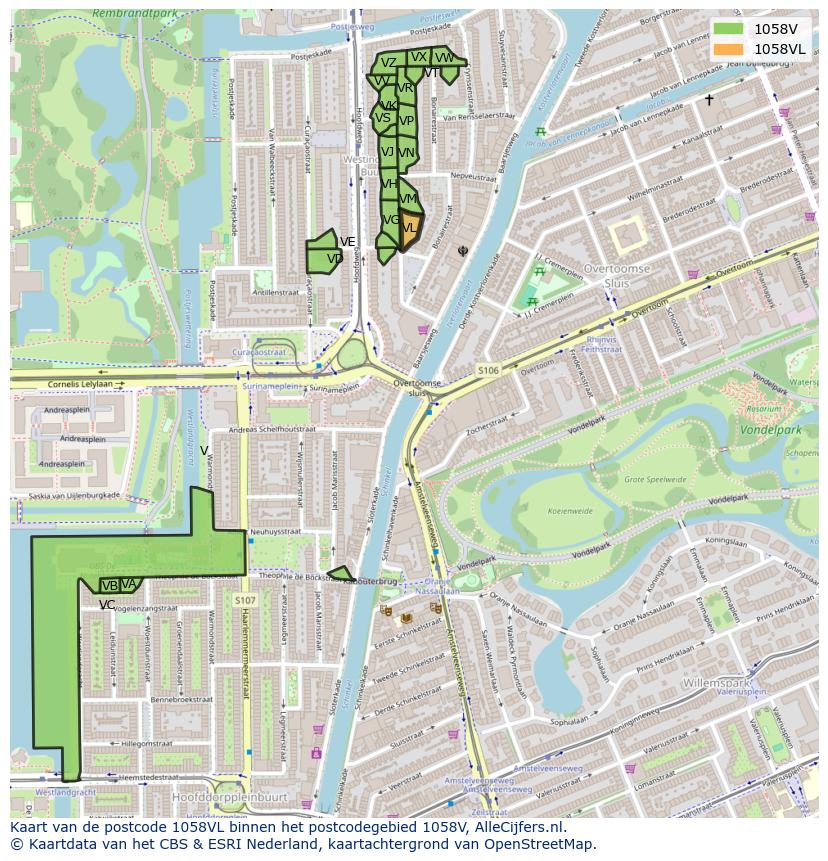 Afbeelding van het postcodegebied 1058 VL op de kaart.