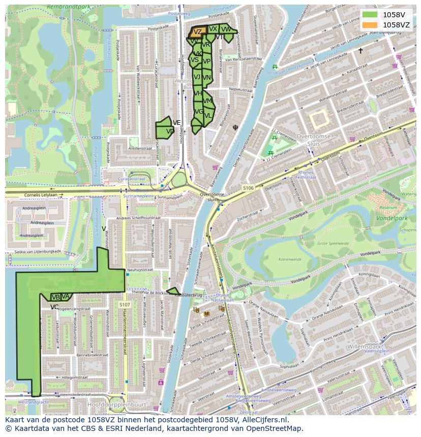 Afbeelding van het postcodegebied 1058 VZ op de kaart.