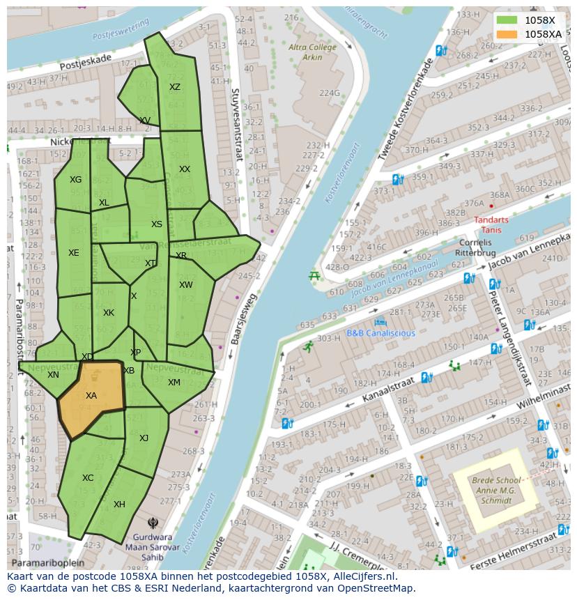 Afbeelding van het postcodegebied 1058 XA op de kaart.