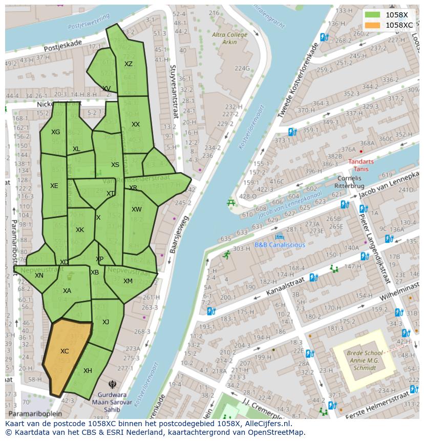 Afbeelding van het postcodegebied 1058 XC op de kaart.