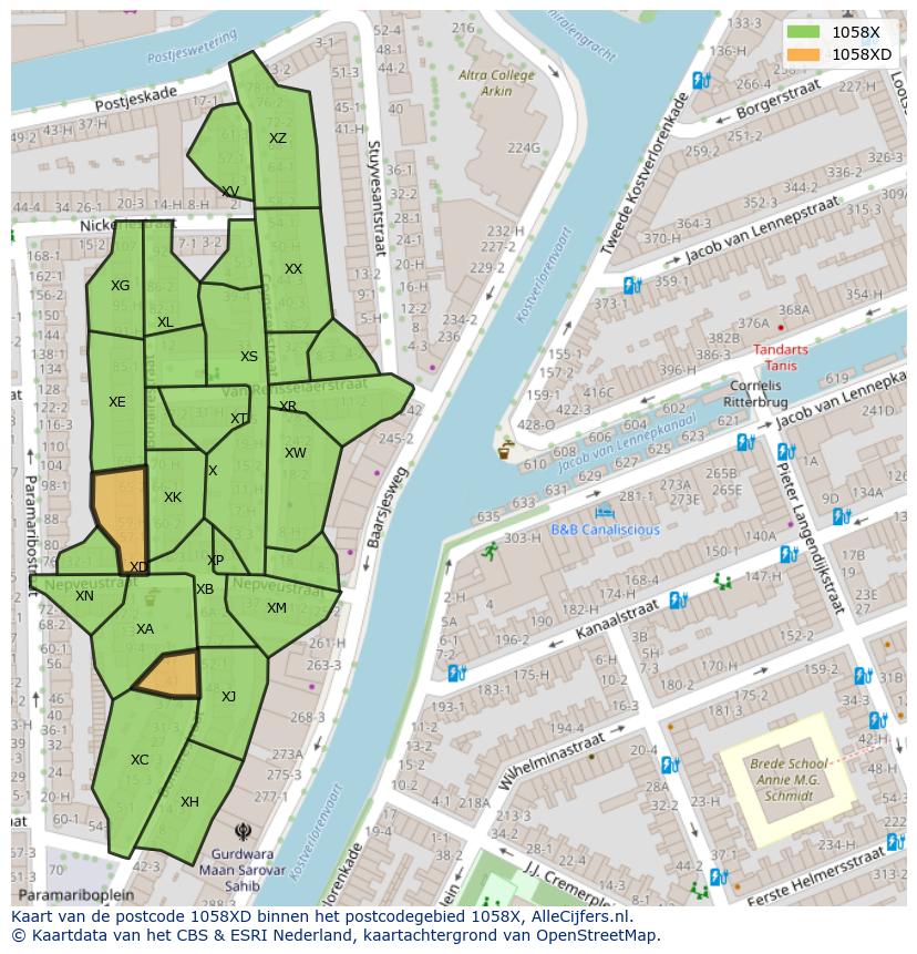 Afbeelding van het postcodegebied 1058 XD op de kaart.