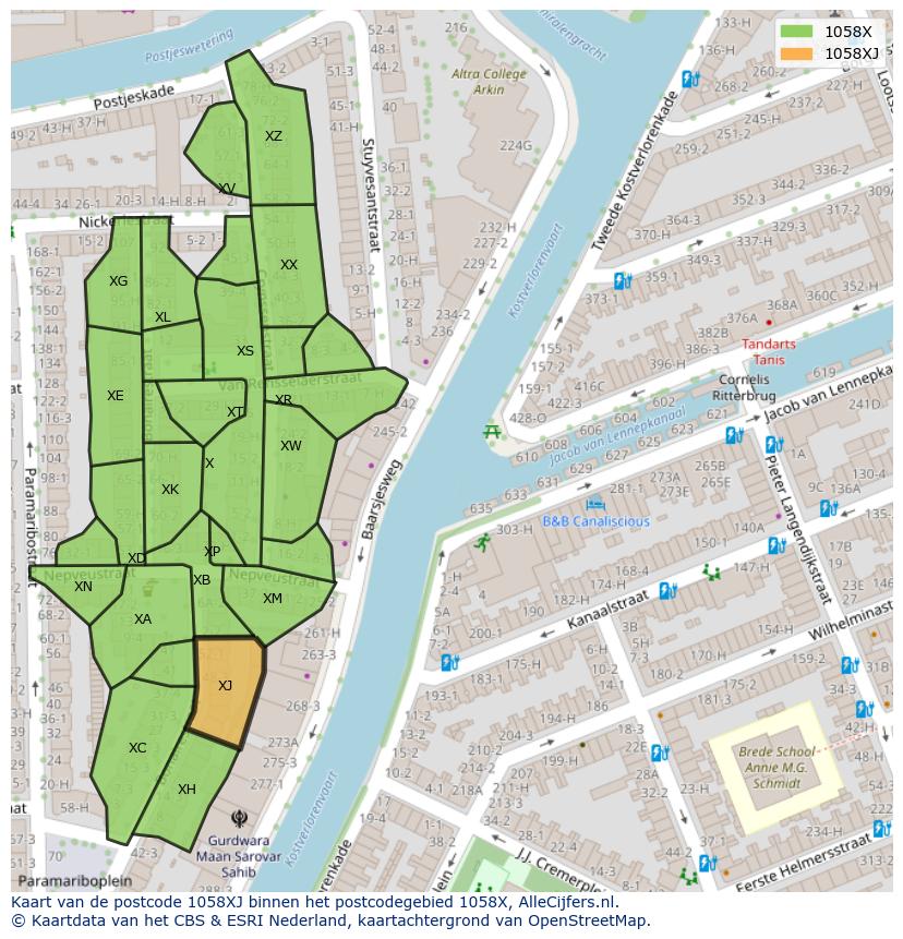 Afbeelding van het postcodegebied 1058 XJ op de kaart.